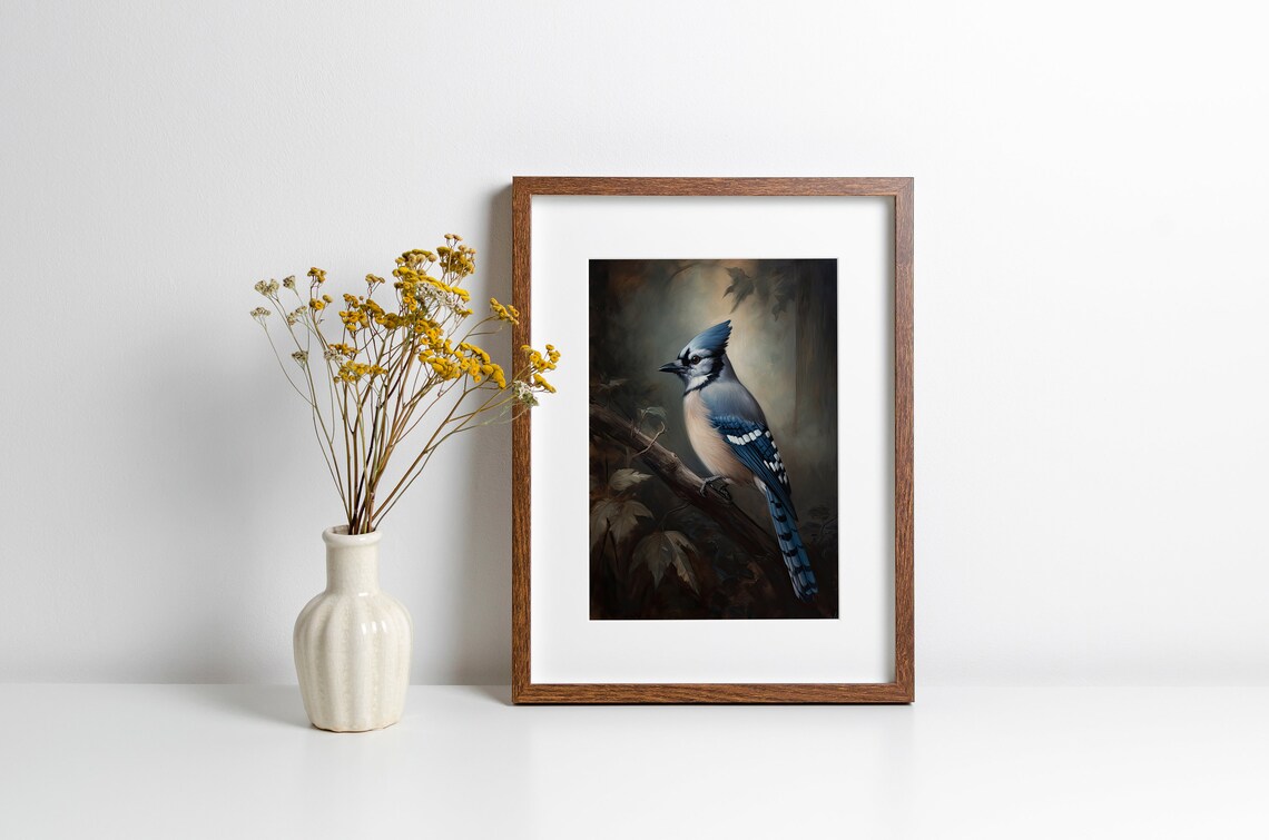 Vintage Blue Jay Oil Painting Moody Perched Bird Portrait Art Print - Image 3