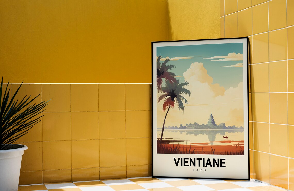Vientiane Laos Retro River Temple Sunset Colorful Travel Poster - Image 3