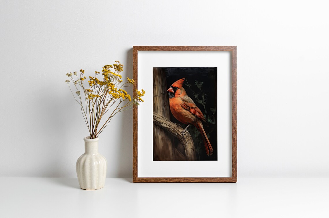Vintage Northern Cardinal Oil Painting Red Bird Portrait Art Print - Image 3