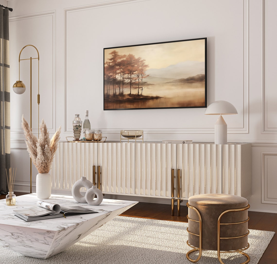 Serene Misty Autumn Lake with Trees Vintage Landscape Poster - Image 3