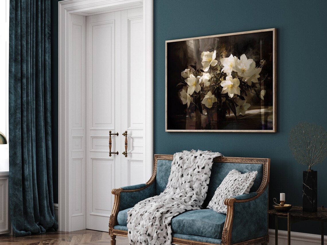 White Blossoms Dark Moody Floral Still Life Oil Painting Poster - Image 4