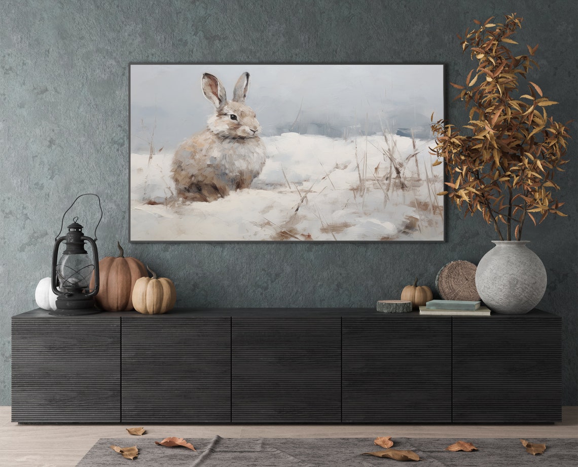 Wild Rabbit Sitting in Deep Snow Winter Wildlife Painting Poster - Image 2