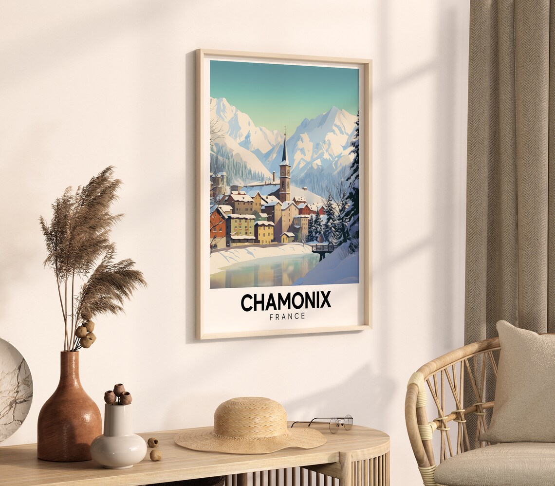 Chamonix France Snowy Alpine Village Church Vintage Ski Travel Poster - Image 4