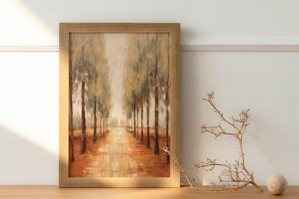 Classic Serene Autumn Tree Lined Avenue Roadway Oil Painting Poster - Image 3
