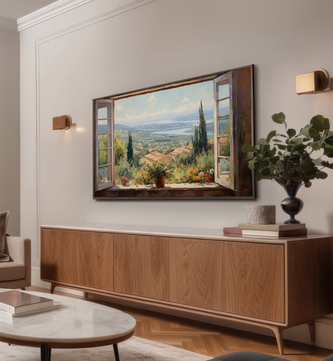 Tuscany Hills Lake View Through Open Window Floral Sill Poster - Image 2