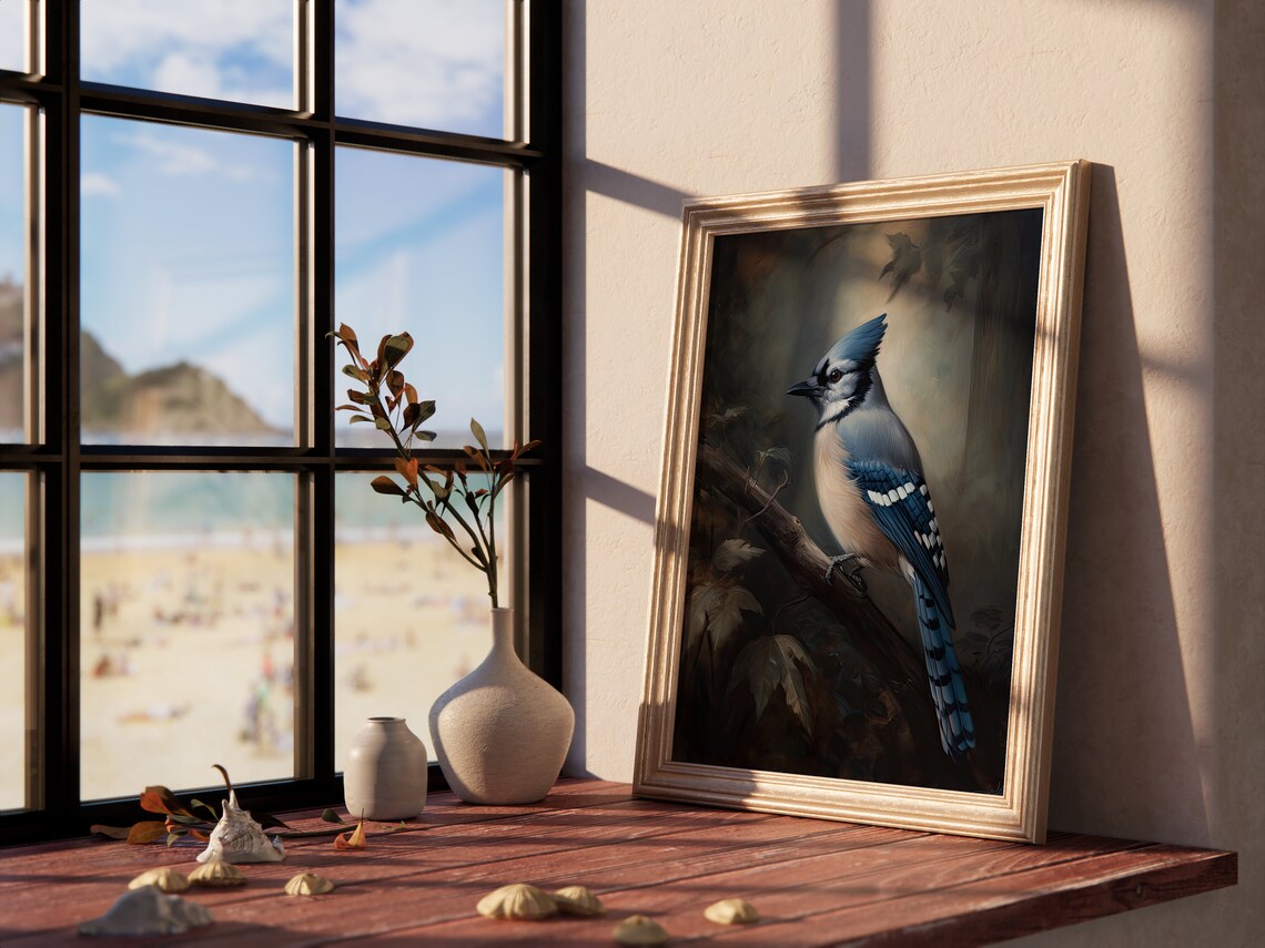 Vintage Blue Jay Oil Painting Moody Perched Bird Portrait Art Print - Image 4