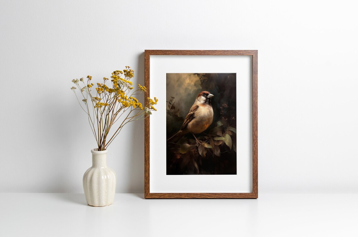 Vintage House Sparrow Oil Painting Moody Bird Portrait Art Print - Image 3