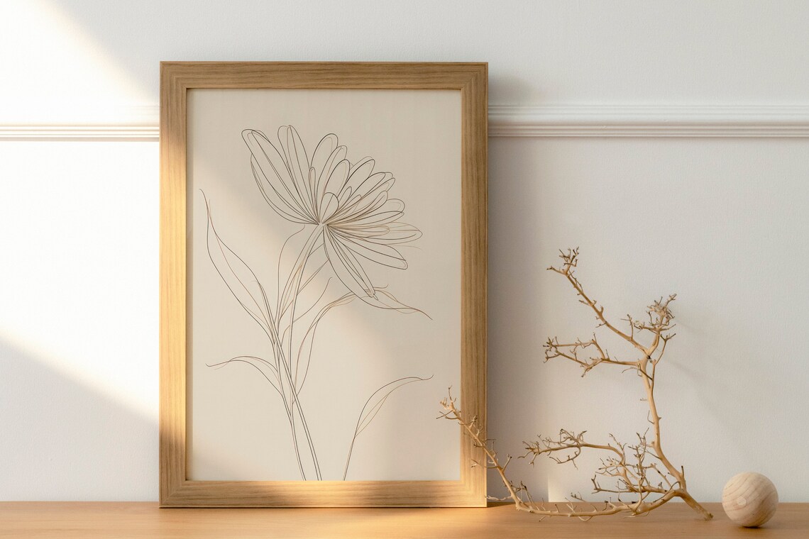 Daisy Line Drawing Minimalist Beige Botanical Flower Sketch Poster - Image 2