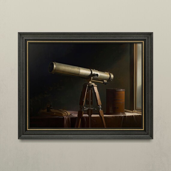 Antique Brass Telescope Dark Moody Still Life Oil Painting Poster