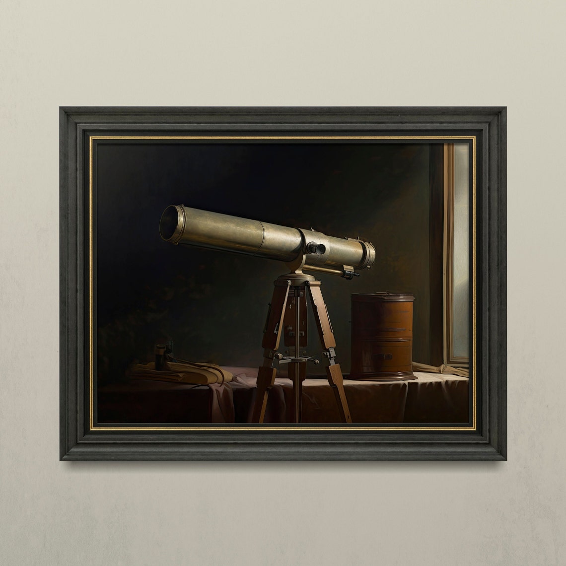 Antique Brass Telescope Dark Moody Still Life Oil Painting Poster