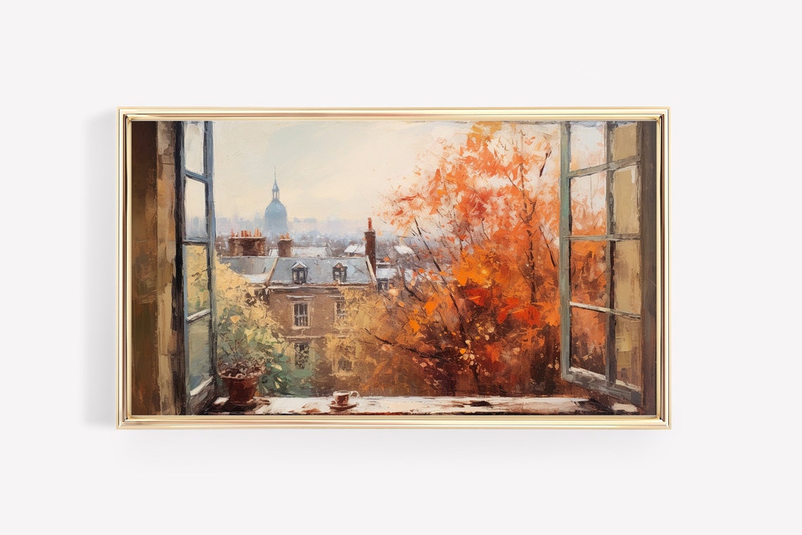 Paris Rooftops Autumn View Through Open Window Coffee Poster - Image 2