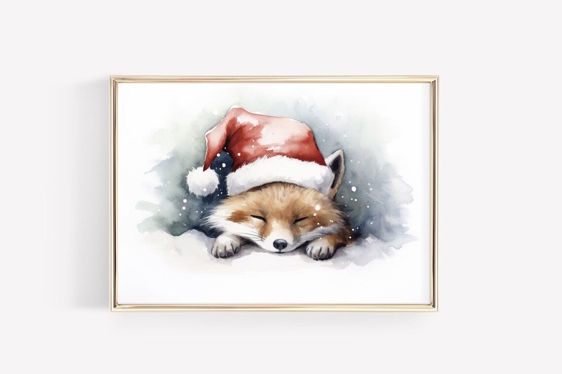 Sleeping Red Fox Wearing Santa Hat Watercolor Christmas Art Poster - Image 3