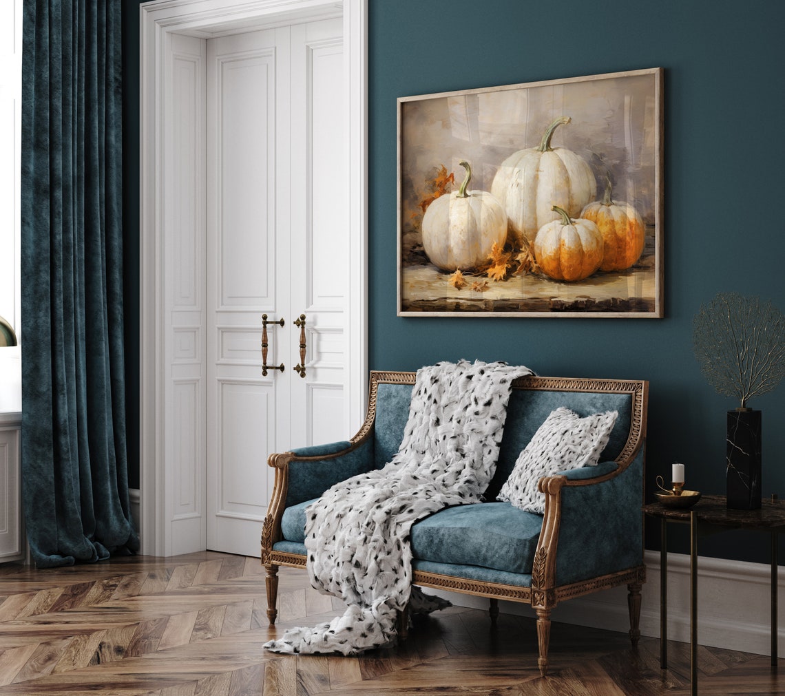 White And Orange Pumpkins Fall Harvest Still Life Art Poster - Image 3