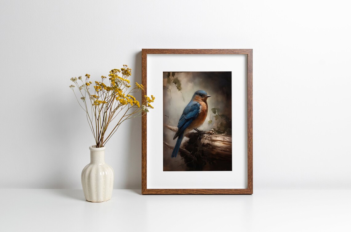 Vintage Eastern Bluebird Oil Painting Blue Bird Portrait Art Print - Image 3