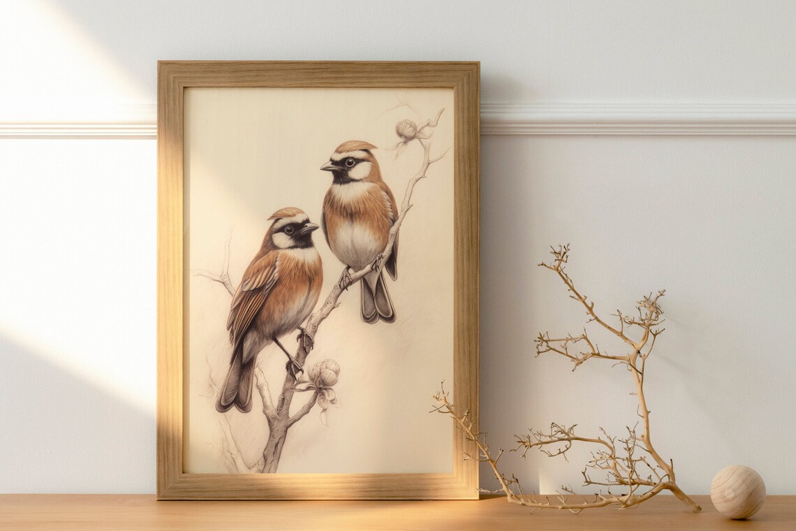 Two Crested Songbirds on Branch Vintage Sepia Illustration Poster - Image 3