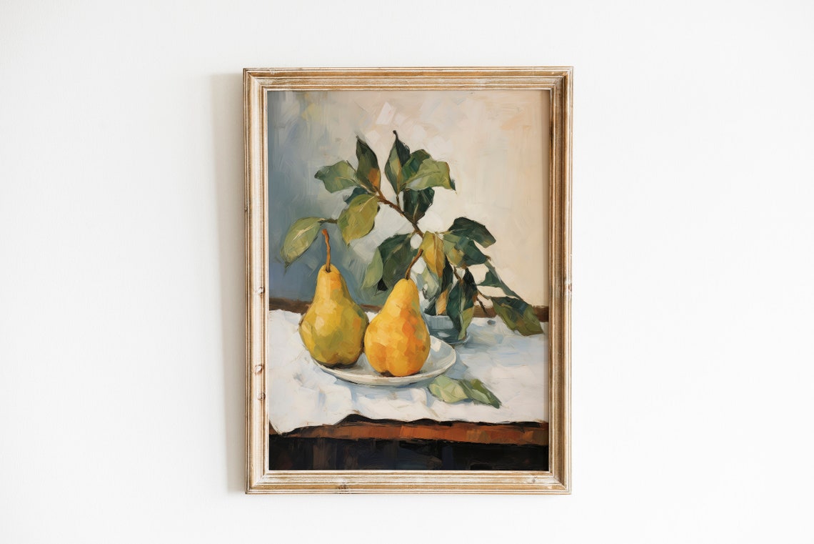 Two Pears Still Life Oil Painting Kitchen Fruit Bowl Rustic Wall Art - Image 2