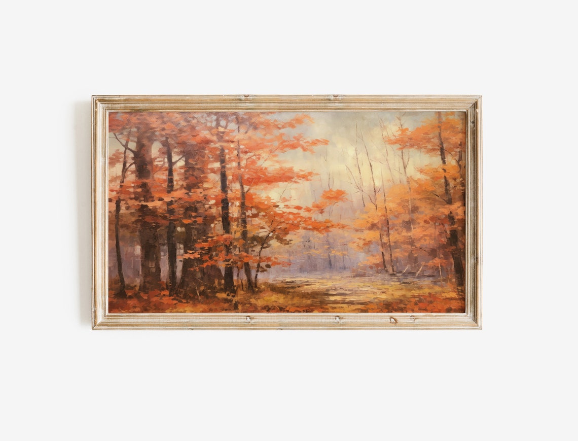 Moody Crimson Fall Forest in Mist Impressionist Autumn Poster