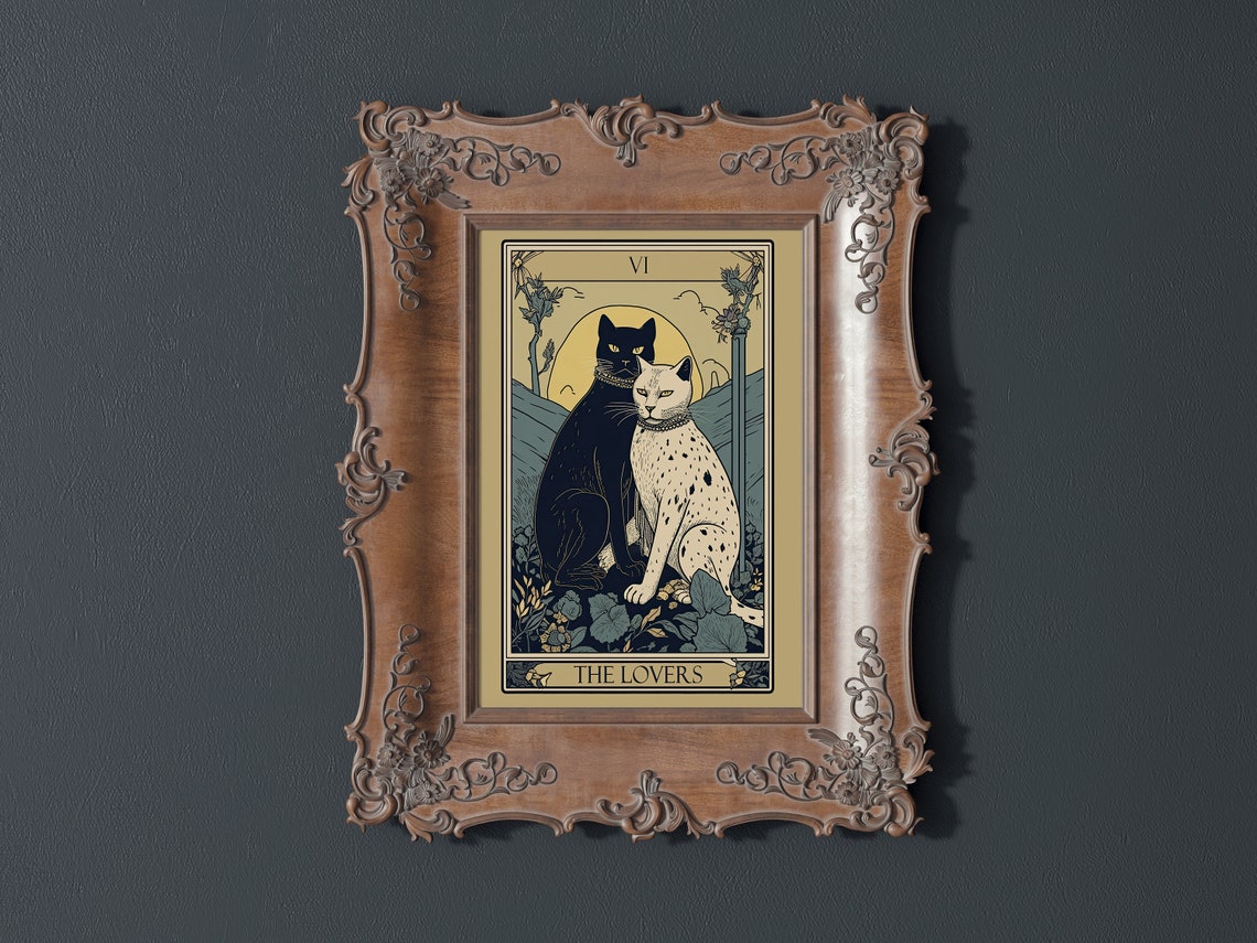 The Lovers Tarot Card Black White Cats Boho Witchy Vintage Art Poster - Image 4