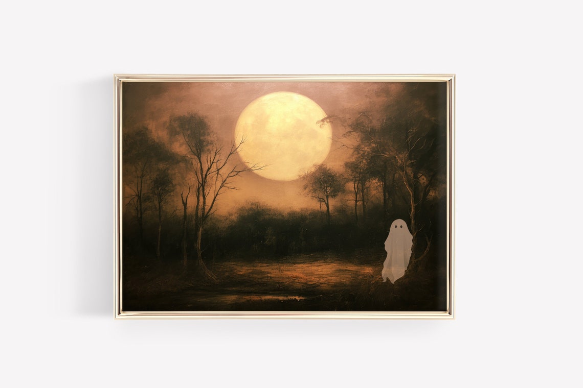 Spooky Full Moon Over Dark Forest with Tiny Ghost Halloween Poster - Image 2