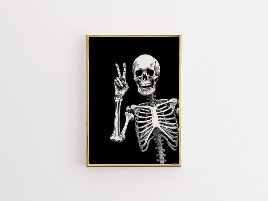 Skeleton Peace Sign Black Background Bold Gothic Wall Poster