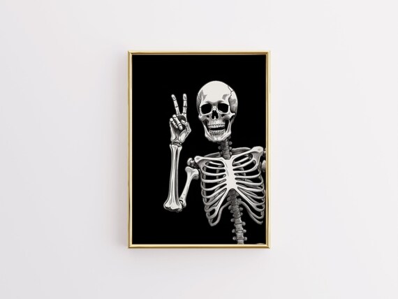 Skeleton Peace Sign Black Background Bold Gothic Wall Poster