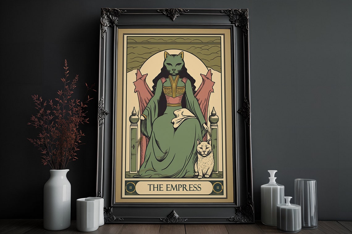 The Empress Tarot Card Green Cat Witchy Boho Vintage Art Poster - Image 3