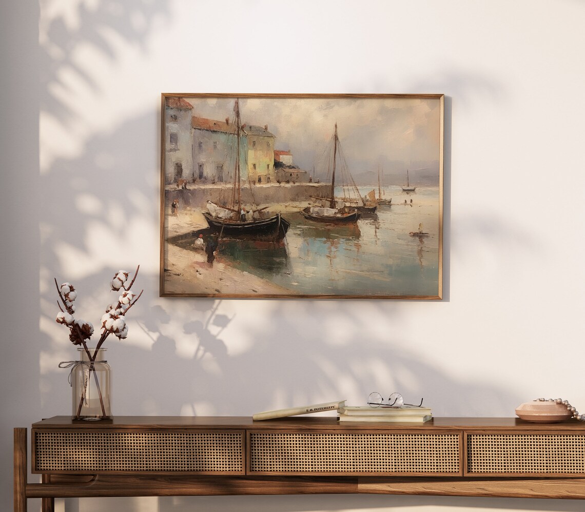Vintage Old World Coastal Harbor Fishing Boats Oil Painting Poster - Image 3