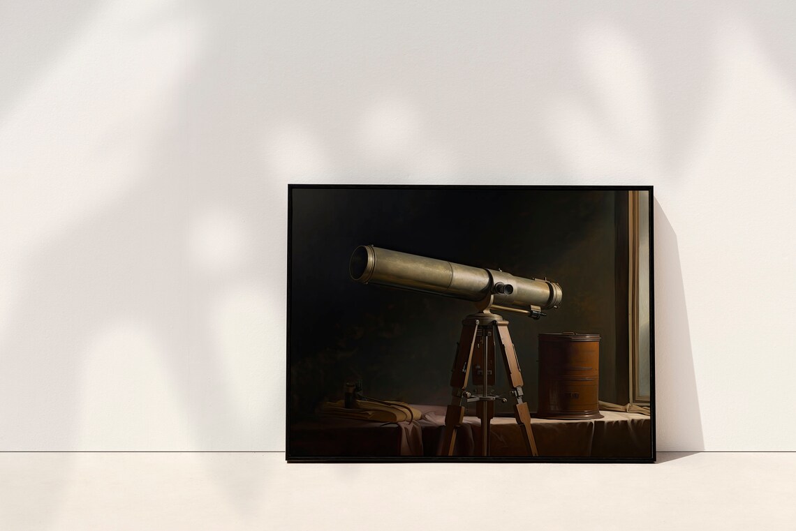 Antique Brass Telescope Dark Moody Still Life Oil Painting Poster - Image 3