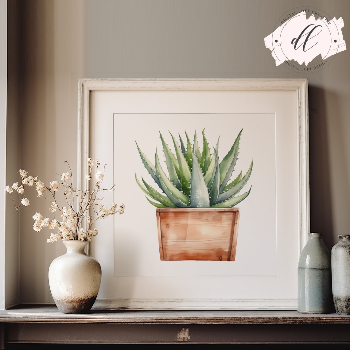 Aloe Vera Watercolor Wooden Planter Rustic Botanical Wall Art