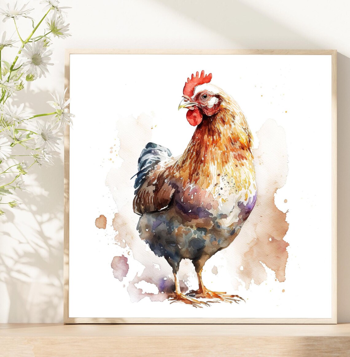 Hen Watercolor Painting Art Print, Farmhouse Decor
