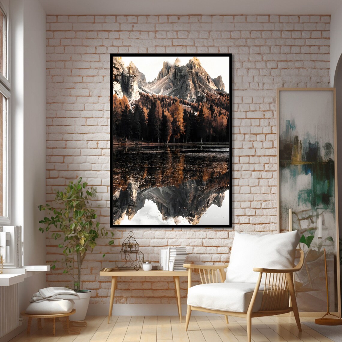 Serene Mountain Reflection, Autumn Forest Lake Art - Image 2