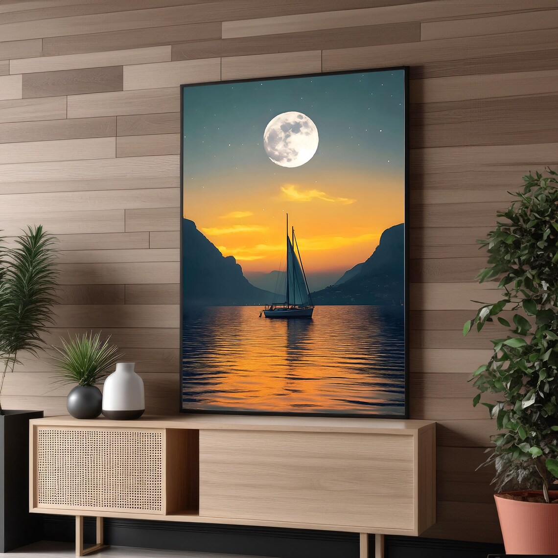 Sailboat at Moonlit Sunset, Nautical Wall Art