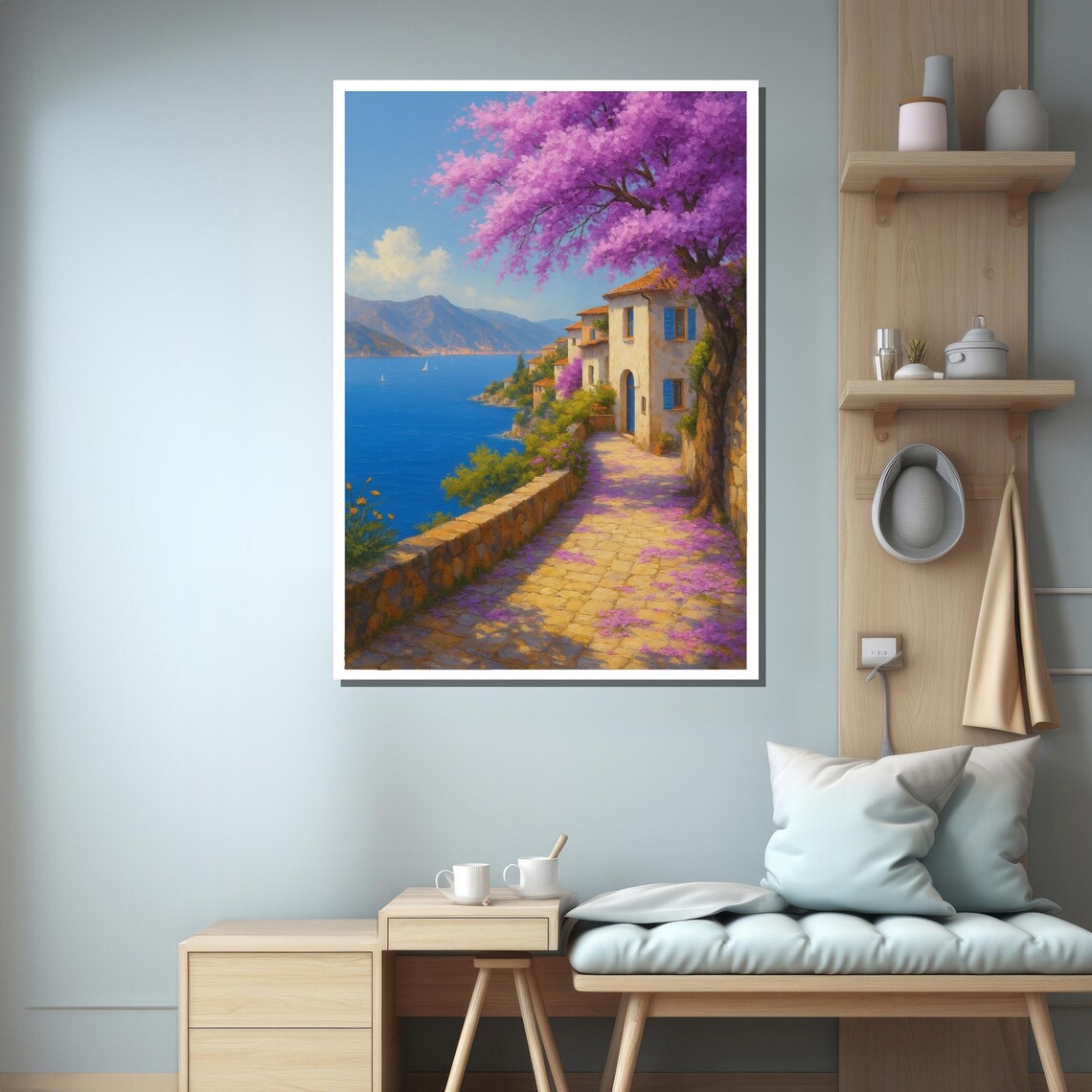 Mediterranean Seaside Village, Coastal Landscape Art Print - Image 3