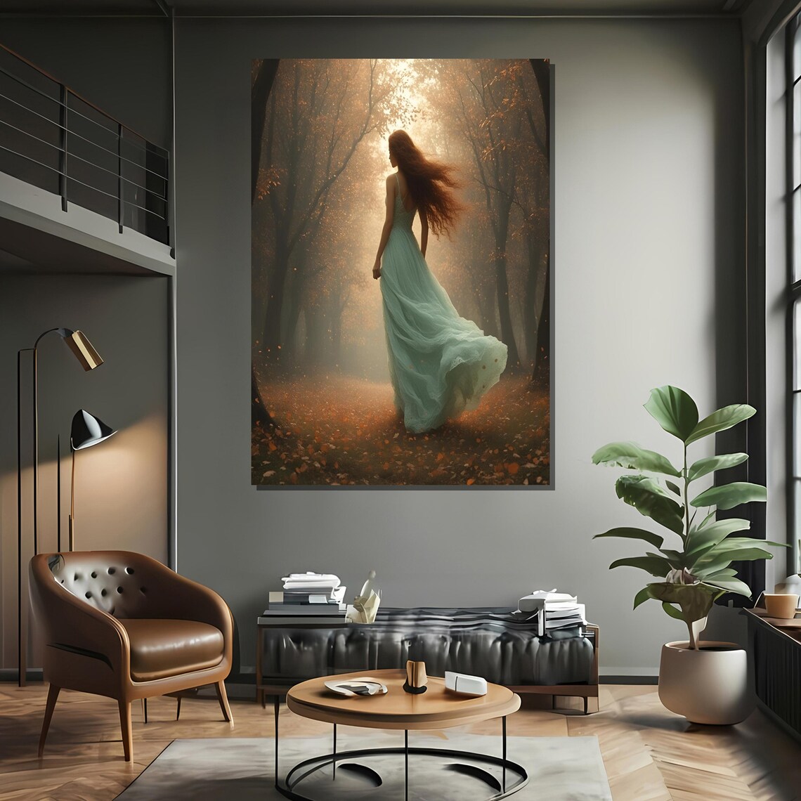 Elegant Woman Walking In Autumn Forest Art Print - Image 2