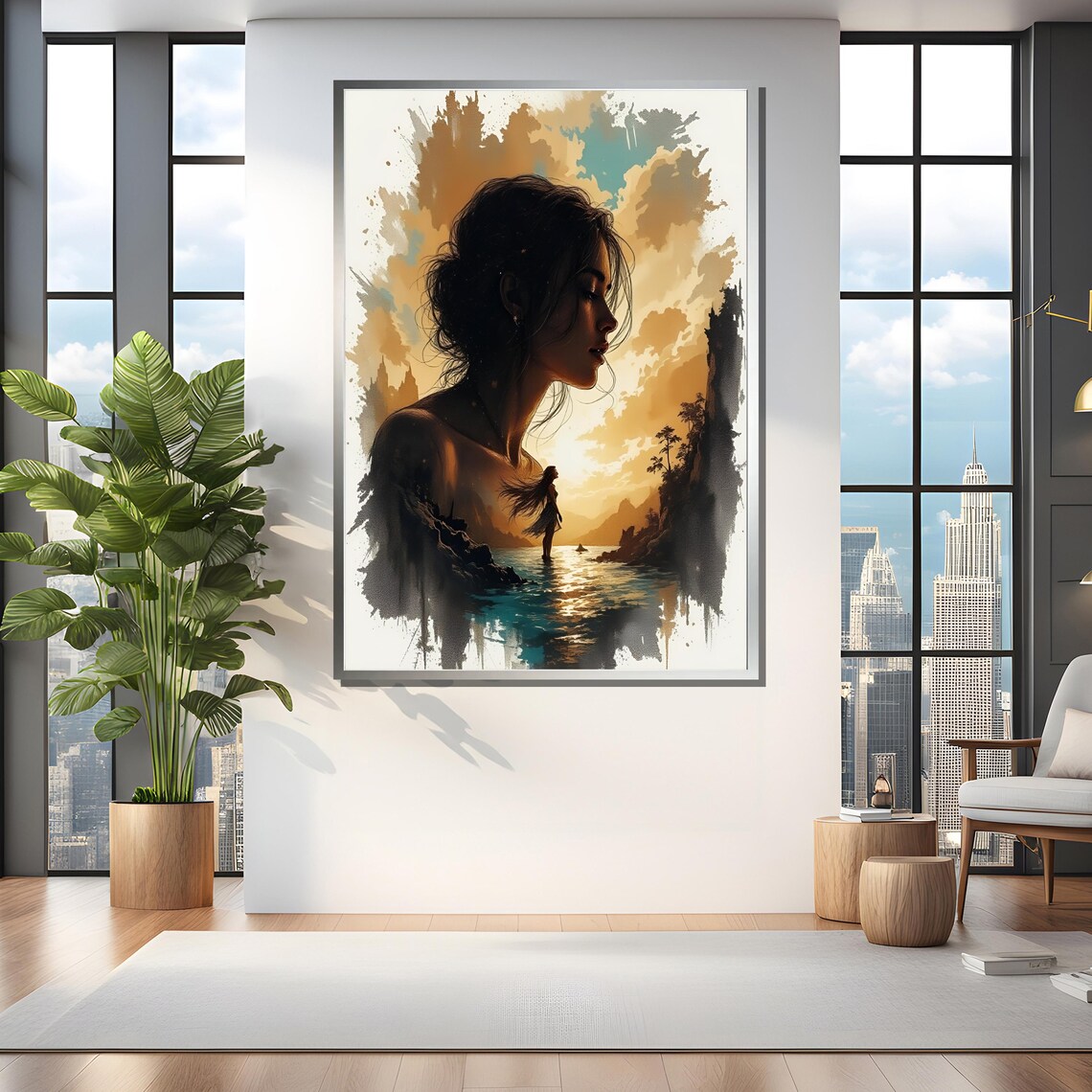 Double Exposure Woman with Sunset Seascape Silhouette Art Poster - Image 4