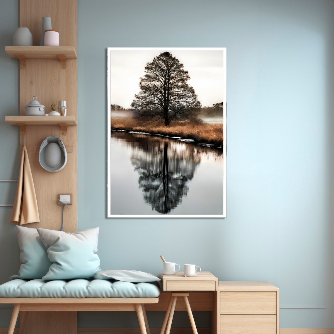 Misty Morning Reflection, Tranquil Tree River Landscape - Image 4