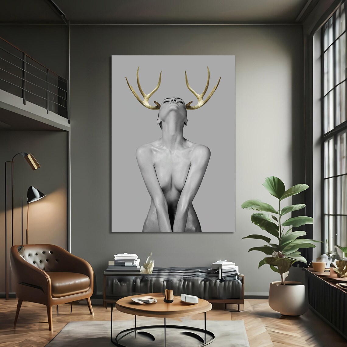Ethereal Nude Woman With Golden Antlers, Minimalist Art Print - Image 3