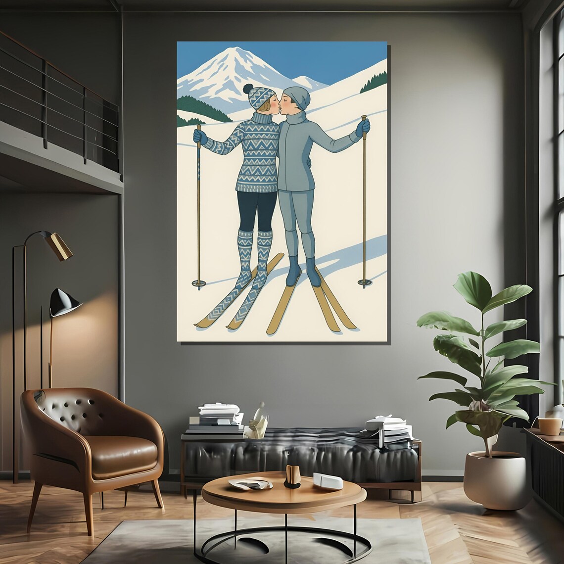 Romantic Ski Couple Painting, Winter Love Decor - Image 2