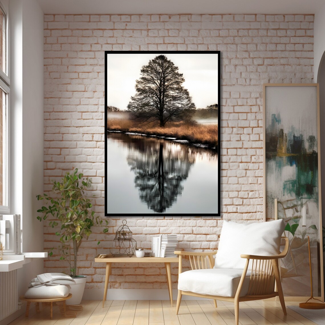 Misty Morning Reflection, Tranquil Tree River Landscape - Image 2