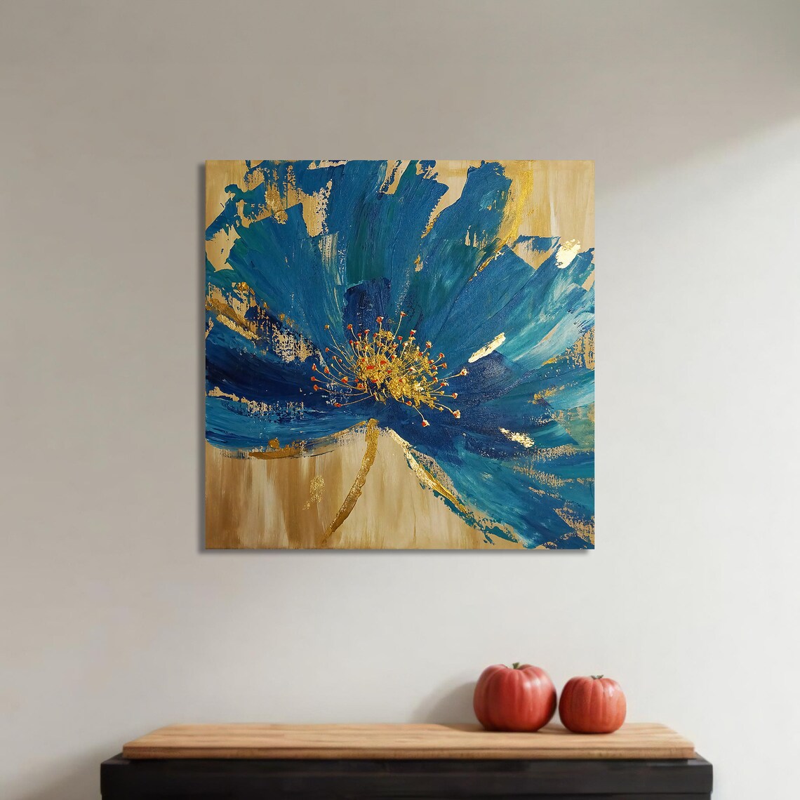 Blue Flower With Gold Details, Modern Floral Art Print - Image 4