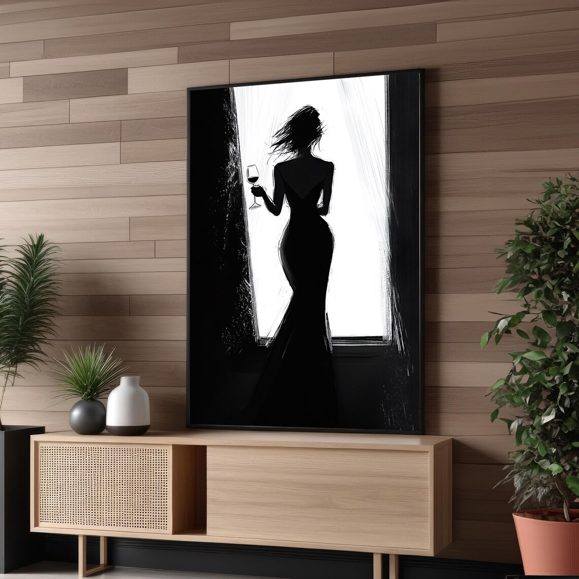 Silhouette Of Woman With Wine Glass, Minimalist Art Print