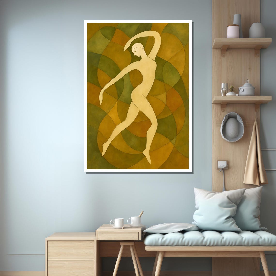 Abstract Dancing Figure In Geometric Green Tones Framed Or Unframed Art Print For Stylish Office Wall Decor - Image 3