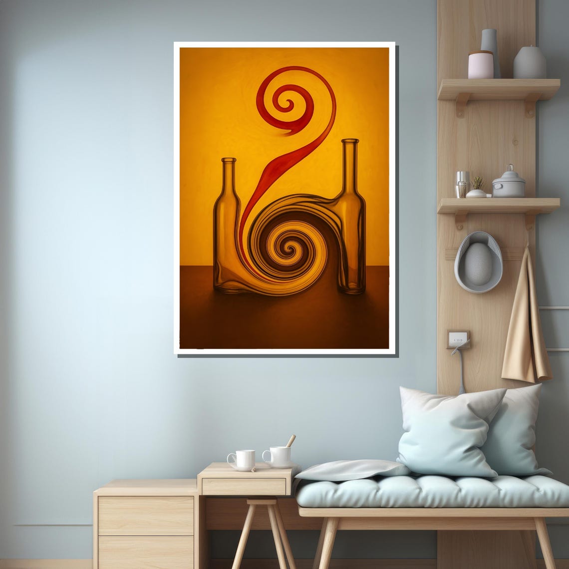 Surreal Spiral Between Bottles On Orange Background Framed Or Unframed Art Print For Bold Modern Living Room Decor - Image 3