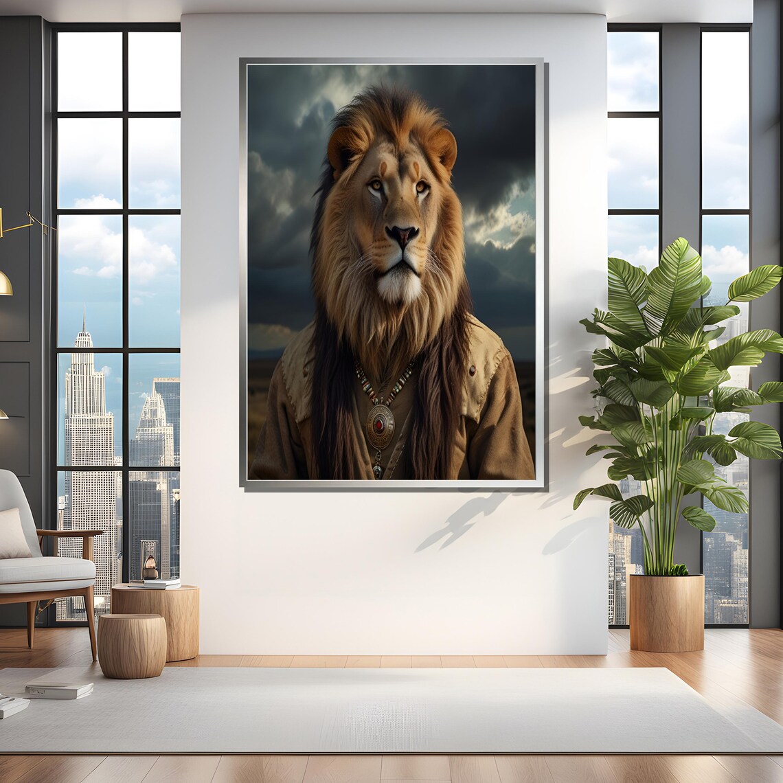 Regal Warrior Lion Portrait, Tribal Attire Art Print - Image 4