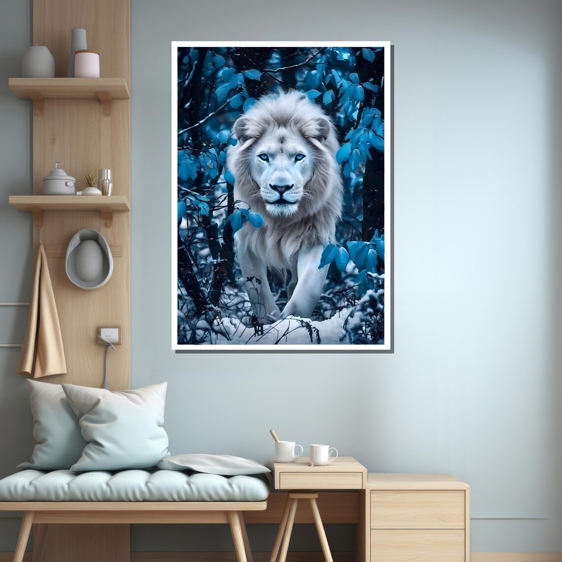 White Lion In Blue Forest Art Print - Image 3