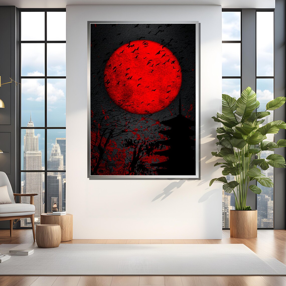 Japanese Red Moon, Dark Minimalist Wall Decor - Image 3
