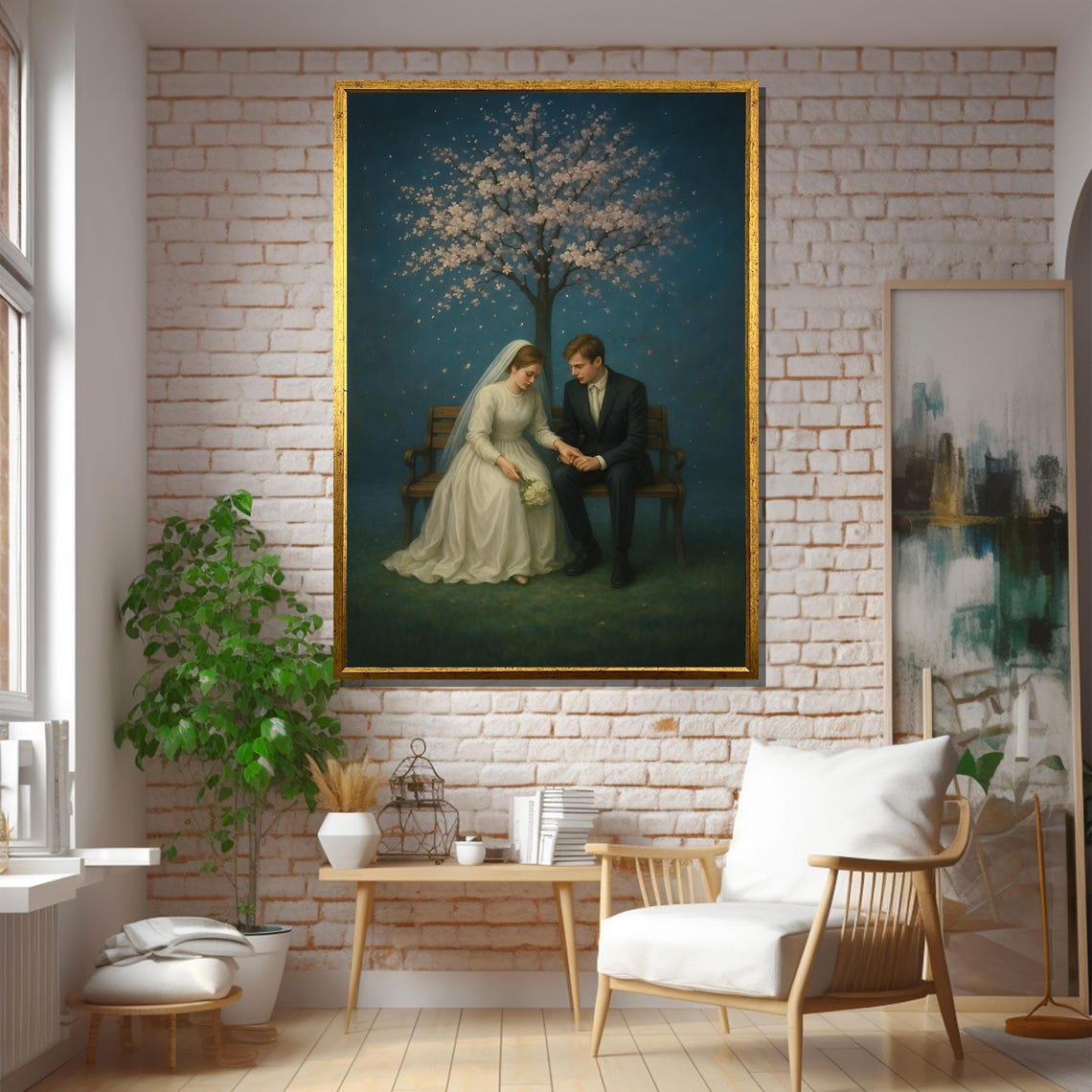 Bride And Groom Under Blossom Tree Framed Or Unframed Art Print For Romantic Bedroom Or Wedding Wall Decor - Image 5