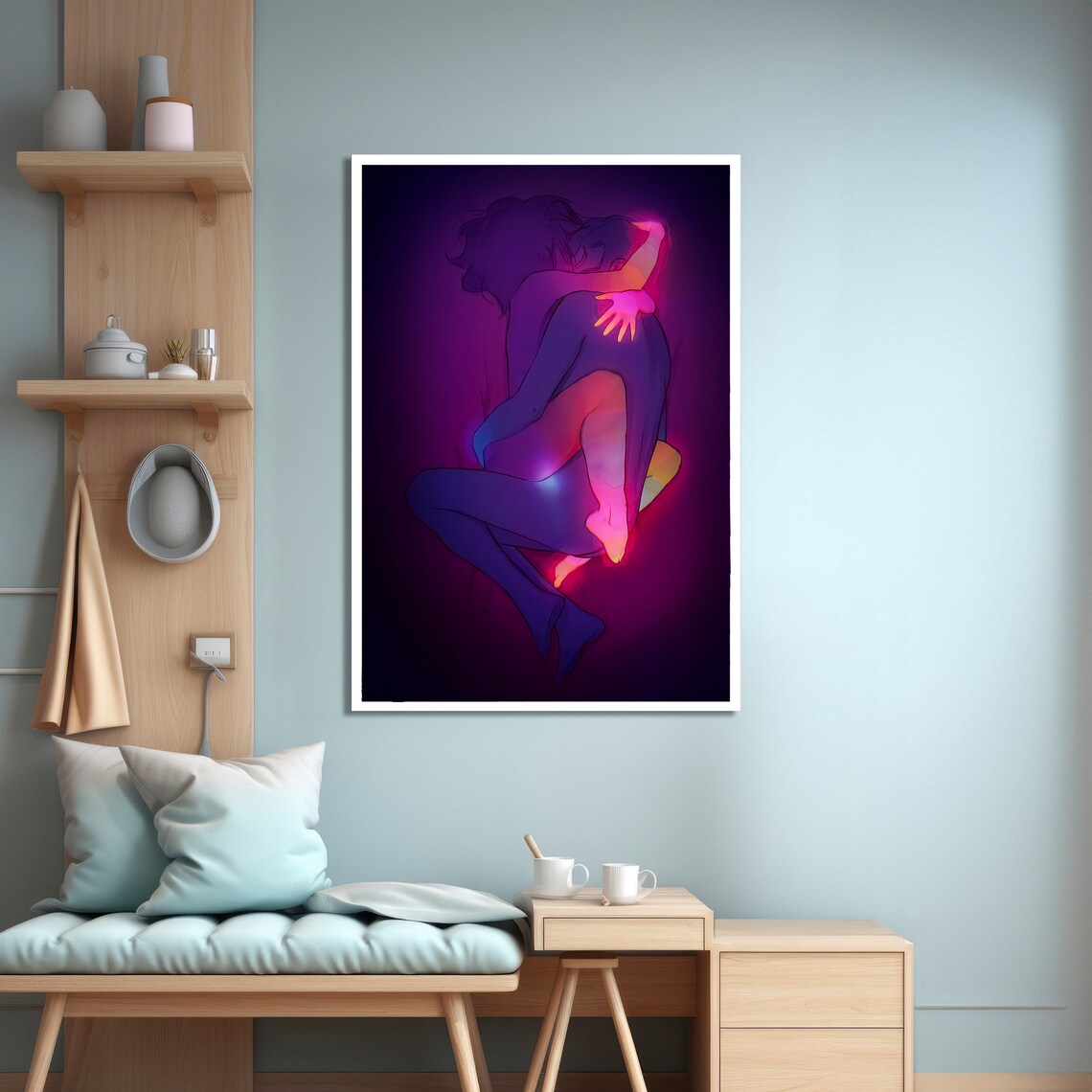 Passionate Neon Embrace, Minimalist Sensual Painting - Image 3