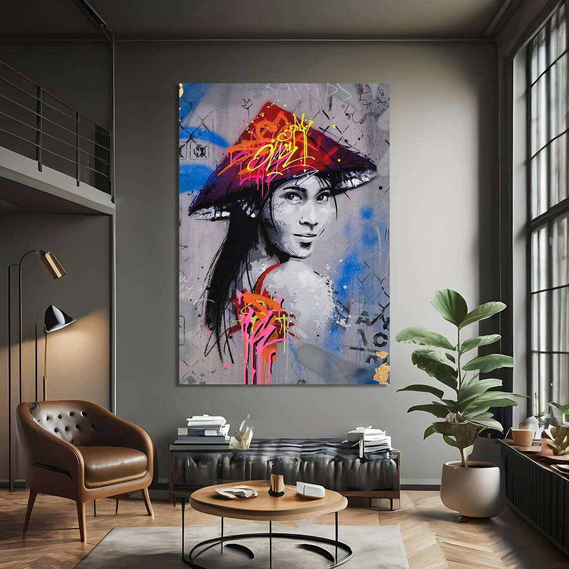 Urban Elegance Graffiti Painting, Asian Woman Portrait - Image 3