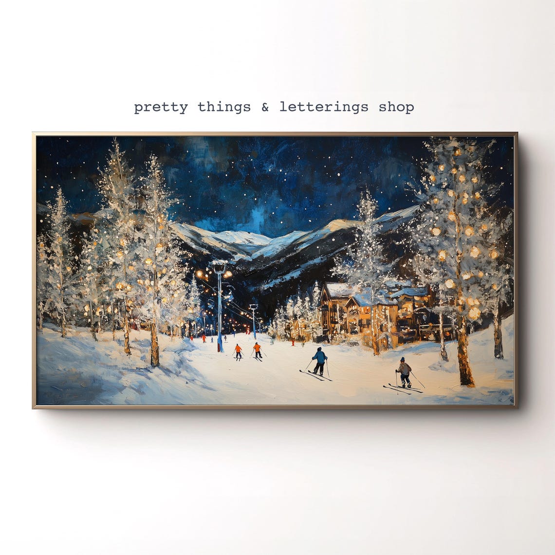 Ski Resort Night Skiers Snowy Mountain Village Twinkling Lights Poster